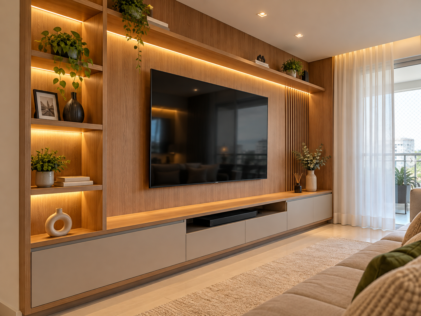 Sala com painel de TV montado